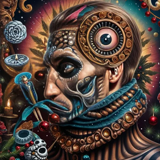 Prompt: (nutcracker), (candle and candle holder), surrounded by (Christmas decorations), (psychedelic art style), (vibrant color scheme), (extremely detailed), (oil painting), (airbrush painting), inspired by (Anne Stokes), (pop surrealism), dynamic patterns and textures, warm and festive ambiance, high-quality artistry, rich hues melding into each other, whimsical elements drawing viewers in, enchanting holiday spirit, magical atmosphere.