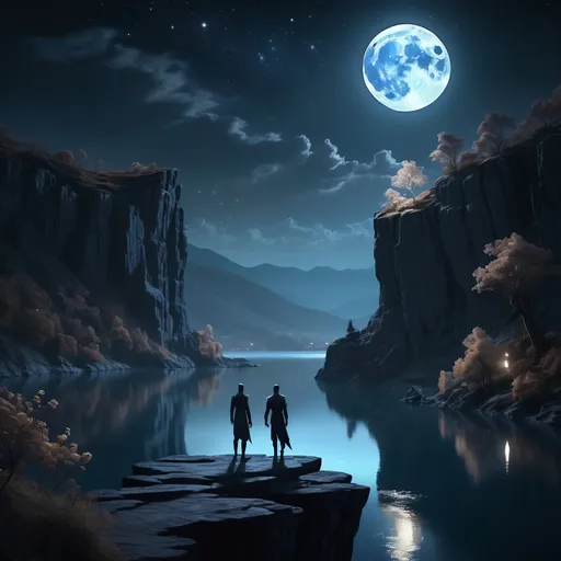 Prompt: a painting of two people standing on a cliff looking at a lake at night with a full moon in the sky, Chris Rahn, fantasy art, dark fantasy art, a detailed matte painting