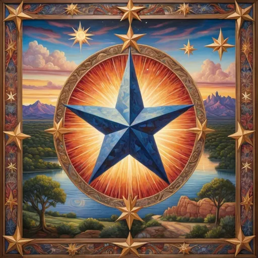 Prompt: (detailed oil painting) a radiant star at the center, surrounded by intricate representations of Texas landscapes and iconic state symbols, harmoniously integrated into a map design, (Evelyn De Morgan inspired) vivid colors, rich textures, highly detailed, showcasing regionalism, capturing the essence of Texas, artful composition, historical richness, and cultural significance, ultra-detailed, vibrant hues, breathtaking atmospheres.