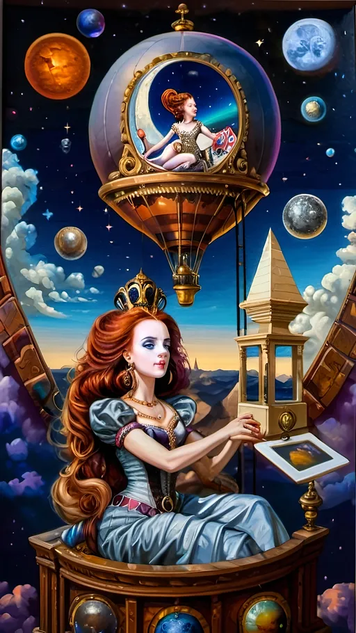 Prompt: A masterpiece oil painting of “7 Wonders Art Glass Studio” hot air balloon with a painting of a snake on it and a sky background with stars and planets honoring Nuit and Horus. Flying over Great Pyramids honoring Thoth.