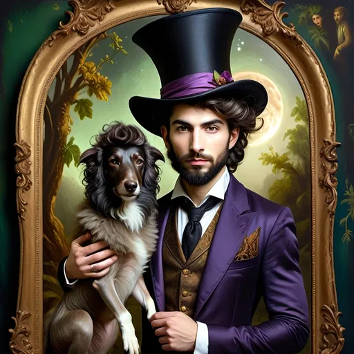 Prompt: (honoring Nuit), moon and stars) captivating handsome man magician, pointed witch hat, facial features highlighted, elegant beard, (renaissance baroque painting style), dark mystical background, rich deep colors with dramatic contrast, elements of Halloween celebration in still life arrangement, enigmatic ambiance, intricate shadows and light, (highly detailed), evoking intrigue and enchantment.