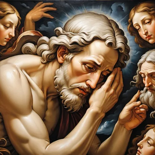 Prompt: Renaissance oil mural (The Creation) featuring up close still life of Adam, face cracking like broken porcelain) and God, Adam saying goodbye spirits set free