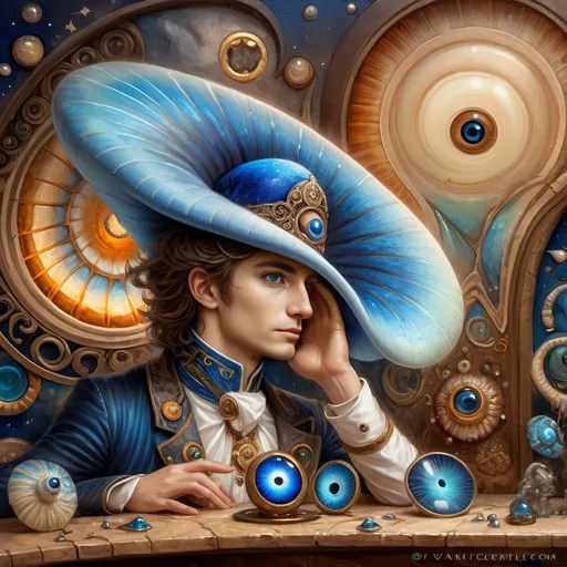 Prompt: (7 Wonders Art Glass Studio masterpiece), oil painting, (honoring Nuit), magical mushroom, (vibrant blue shell), (striking blue eye), Eye of Horus, rich textures, dreamy atmosphere, whimsical background, stars and cosmic elements, (ethereal lighting), enchanting details, high-quality, ultra-detailed composition, surreal and imaginative style.