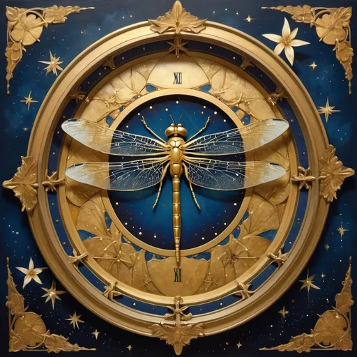 Prompt: (art nouveau style), dragonfly perched gracefully atop a golden clock, intricate detailing, (Brad Kunkle influence), surrounded by shimmering stars, a radiant star at the center, rich golds and deep blues enhancing the celestial theme, blending Egyptian art elements, dreamlike and whimsical atmosphere, highly detailed, (masterpiece) quality, evoking a sense of wonder and magic.