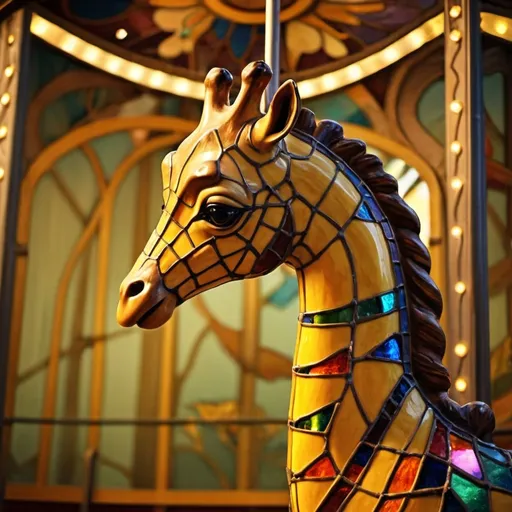 Prompt: (Art Nouveau style) a stained glass giraffe carousel giraffe is on a carousel (Carousel of Dreams) ride at a carnival park with lights on the ceiling