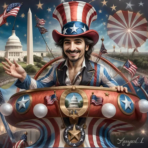 Prompt: A Seven Wonders Art Glass Studio painting of a magician man in a patriotic top hat holding a sign that says Yankee Doodle with a washington monument in the background (Honoring Nuit and the Aeon of Horus).