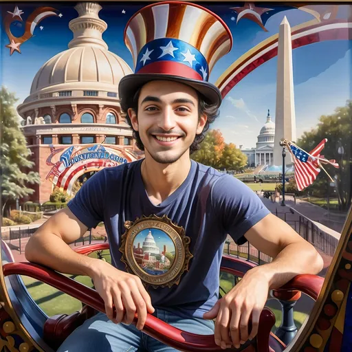 Prompt: A (masterful) Seven Wonders Art Glass Studio painting, depicting a (charming) magician man in a (patriotic) top hat, joyfully riding a rollercoaster in Liberty Park, featuring vibrant colors and whimsical elements, with a prominent Washington Monument in the background, intricately integrated with the phrase (accurately spelled text "Yankee Doodle"), all while encapsulating the theme of (honoring Nuit and the Aeon of Horus), ultra-detailed, colorful and dynamic atmosphere.