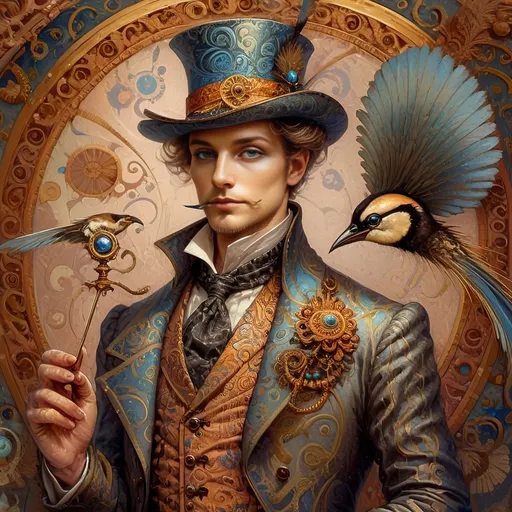 Prompt: a painting of a colorful bird with a circular background and a gold ring around it's neck and a blue eye, Android Jones, psychedelic art, highly detailed digital painting, a detailed painting