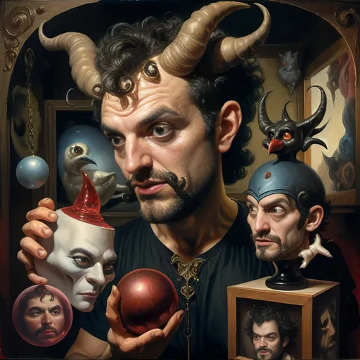 Prompt: (A fine art oil painting) by Seven Wonders Art Glass Studio, (magician man) with a (horned head), (bird on his shoulder), holding a cane and a glowing ball, inspired by Clint Cearley, (fantasy art), rich colors, intricate details, dramatic lighting, mystical atmosphere, character portrait emphasizing the essence of Pan and Nuit, ultra-detailed, vibrant background reflecting magical elements, imaginative and enchanting setting.