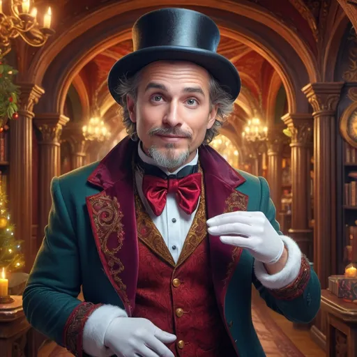 Prompt:  Christmas setting. (magician with top hat), (magical ambiance), intricate details, cheerful expression, (ultra-fine detailed digital painting), vibrant colors, dramatic lighting, Renaissance background with ornate architecture, whimsical elements, captivating aura, enchanting atmosphere, showcasing magical effects and sparkles, (4K), enchanting scene, visually stunning masterpiece.