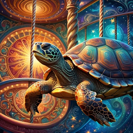 Prompt: (turtle on a carousel), (mystical stars and swirls on its back), (intricate spirally spiral design), vibrant colors, (psychedelic art), highly detailed, digital painting, airbrush style, dreamlike ambiance, whimsical atmosphere, elaborate textures, fantasy elements, enchanting background, magical scenery, 4K quality, intensely vivid designs.