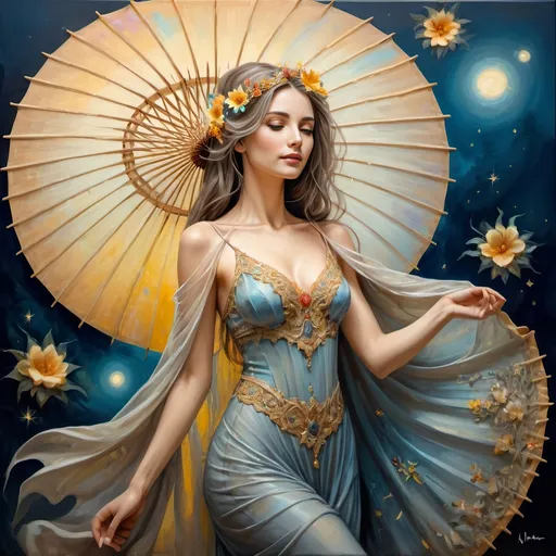 Prompt: an oil painting by 7 Wonders Art Glass Sudio of a woman in a dress holding a parasol.  The parasol is brightly colored and detailed in honor of Nuit.