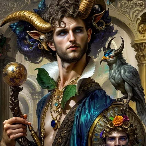 Prompt: A fine art oil painting by Seven Wonders Art Glass Studio is a magician man transforming with a horned head and a bird on his shoulder holding a cane and a ball in his hand, Clint Cearley, fantasy art, fantasy character portrait, a character portrait.  Honors Pan and Nuit.