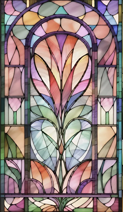 Prompt: (Art Deco tulip flower), detailed stained glass window design, central stem feature, (vibrant colors), capturing the essence of the Arts and Crafts movement, exquisite craftsmanship of Brothers Hildebrandt, modern Art Deco aesthetic, dynamic light play through glass, intricate patterns, high depth, 4K quality, elegant ambiance, artistic masterpiece.