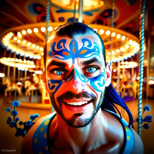 Prompt: (woman riding a carousel), vibrant blue flowers in her hair, magical atmosphere, (Dirk Crabeth style), whimsical charm, (pop surrealism), captivating colors, ultra-detailed digital painting, enchanting horses uniquely designed, (dreamy ambiance), soft lighting creating a magical glow, accompanied by abstract swirling patterns in the background, (HD).