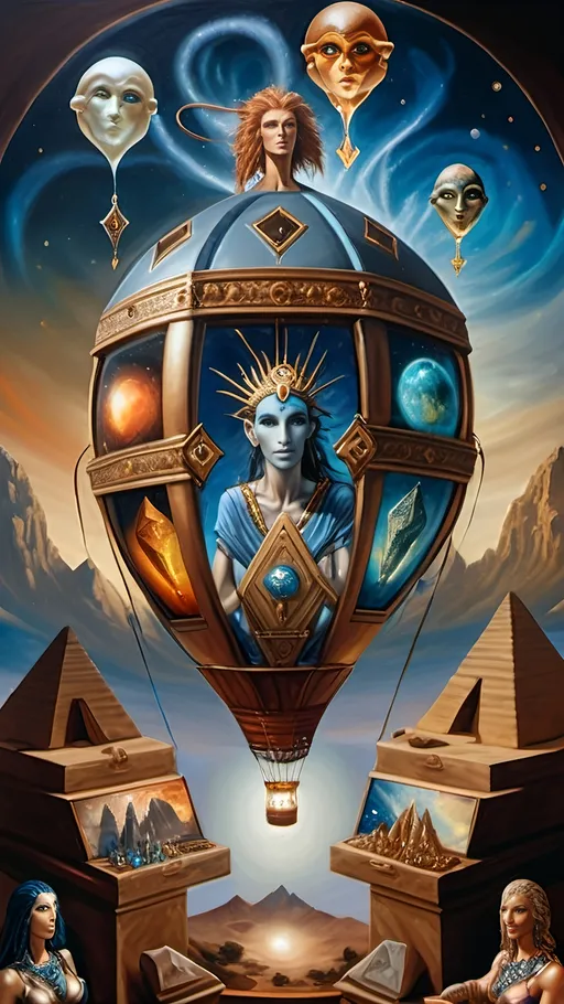 Prompt: masterpiece (oil painting), stunning hot air balloon labeled "7 Wonders Art Glass Studio", adorned with an intricate depiction of a snake, ethereal sky background filled with shimmering stars and planets, illuminating deities Nuit and Horus, soaring above the ancient Great Pyramids, symbolizing the wisdom of Thoth, vibrant colors, enchanting atmosphere, ultra-detailed, high quality.