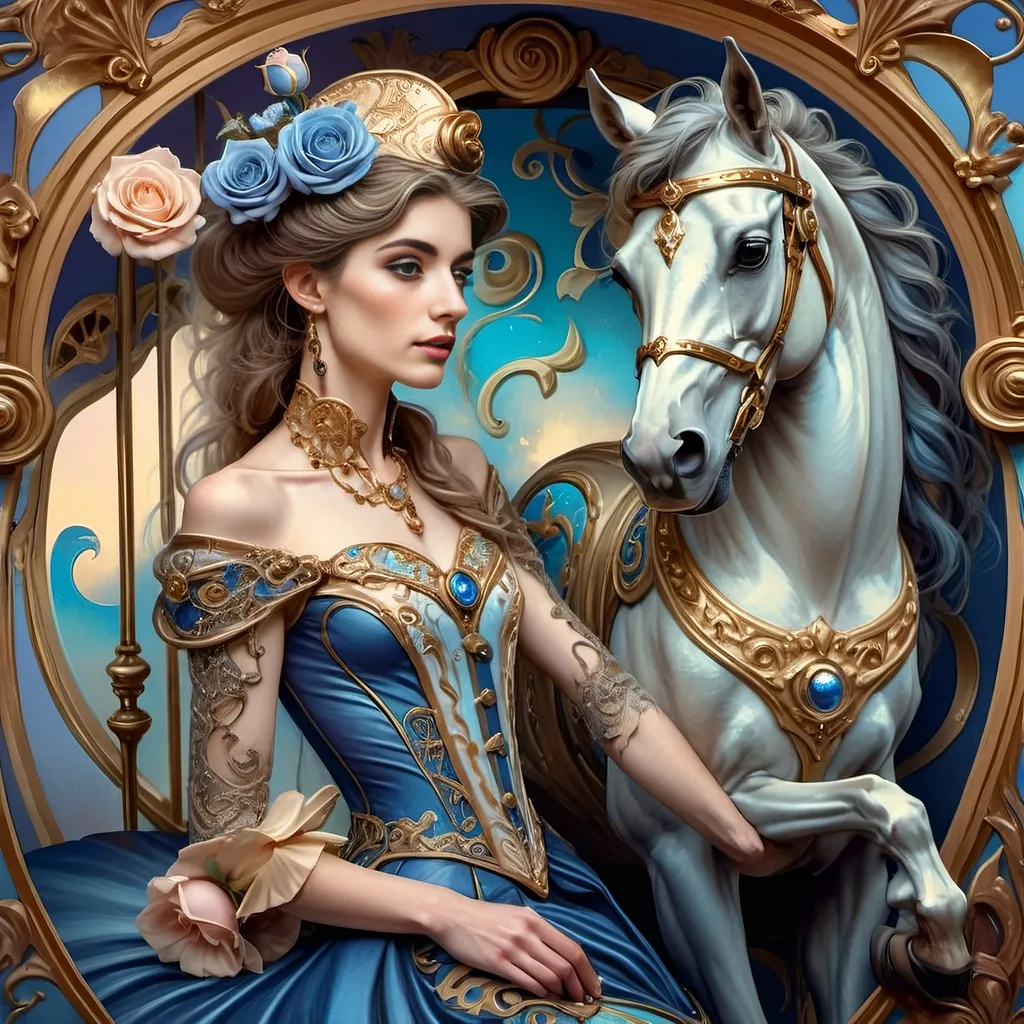 Prompt: (Art Nouveau carousel), (woman with horse), (roses on carousel), dreamy pastel color scheme, lavish swirls and intricate details, bold gold and azure tones, ethereal atmosphere, magical ambiance, enchanting background with a softly lit sky, serene and elegant mood, (highly detailed artwork), reminiscent of the 7 Wonders Art Studio style, whimsical elements capturing the essence of Nuit's honor.