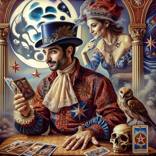 Prompt: Renaissance oil masterpiece, (inspired by the Seven Wonders Art Glass Studio), depicting a magician summoning wisdom from the High Priestess tarot card, enchanting ambiance, intricate details, rich and vibrant colors, mystical lighting, ornate backdrop, complex textures, (tarot-themed art), a celebration of intuition, balancing darkness and light, ultra-detailed HD painting, honoring Nuit in the serene atmosphere of divination.