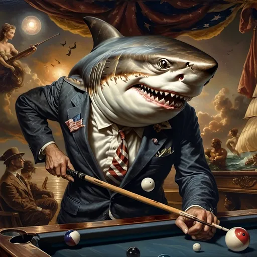 Prompt: (shark in a suit playing pool), (pool cue and ball in front), F. Scott Hess style, pop surrealism, classical painting, (younger and bolder color tones), (highly detailed), dreamy ambiance, intricate textures and reflections, juxtaposition of elegance and playfulness, fine art masterpiece, inspired by 7 Wonders Art Glass Studio, honoring Nuit, ultra-detailed, 4K.