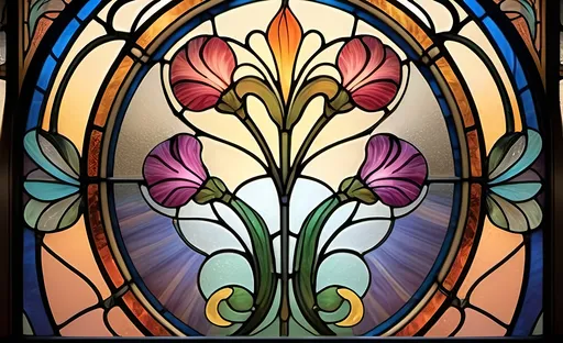 Prompt: Art Nouveau stained glass window pattern, (intricate design), flowing organic shapes, (vibrant colors), floral motifs, elegant curves, harmonious composition, (rich textures), capturing light, (highly detailed), set against a soft glow, evoking a sense of harmony and nostalgia, intricate outlining emphasizing the ornate elements, ultra-detailed craftsmanship.