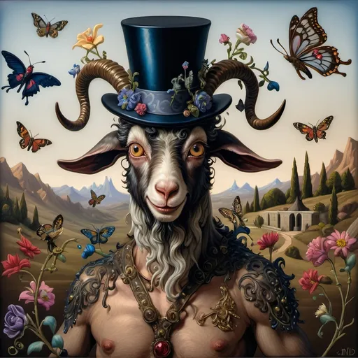 Prompt: (A seven wonders art glass studio) masterpiece oil painting, detailed depiction of a whimsical goat wearing a (top hat) adorned with vibrant flowers, accompanied by a graceful butterfly symbolizing Nuit. Spring Equinox 1467, infused with (Renaissance) influences, demonstrating a blend of pop surrealism in the style of pj crook, vivid colors and intricate details create a captivating atmosphere. 