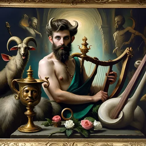 Prompt: (oil painting) Honoring Nuit, a man with a (wisdom-filled beard) holding a harp and a (rich) cup of wine, next to a (gilded golden cup), Ditlev Blunck's artisanal touch, (neoclassical elegance) with (Flemish Baroque influences). The atmosphere reflects reverence and beauty, drenched in (warm, golden tones), evoking the essence of a (divine encounter) that captures a mortal honoring the God Pan. Ultra-detailed, quintessential classical painting.