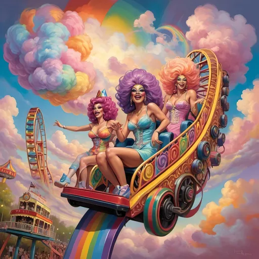 Prompt: (honoring nuit), a mesmerizing painting of colorful drag queens exuding joy and fabulousness while riding a roller coaster, vibrant (rainbow) painted on the side, a whimsical ferris wheel creating a festive atmosphere in the background, whimsical cotton candy clouds, (dynamic movement), warm pastel colors enhancing the lively scene, ultra-detailed, high-quality artwork capturing a celebratory ambiance.