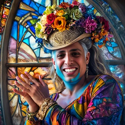 Prompt: (character portrait), (woman in a vibrant colorful dress), (flowers in her hair), intricately designed stained glass window backdrop, inspired by David LaChapelle’s style, rococo elements, richly detailed colors, dramatic light play, ultra-detailed, high resolution, evocative and artistic ambiance, visually captivating composition, promoting beauty and elegance.