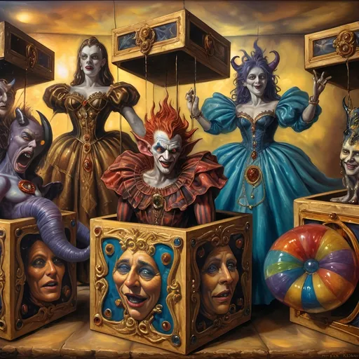 Prompt: (7 Wonders Art Glass Studio), (oil painting), demons as jack-in-the-boxes, circus setting, (highly detailed), (ultra-fine details), esoteric ambiance, dark and mysterious atmosphere, surreal colors, intricate textures, curiosity sparks, vivid contrasting shadows, ethereal lighting, artistically whimsical exhibits, hauntingly beautiful, capturing the essence of Nuit.