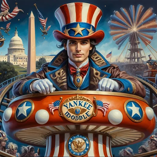 Prompt: (Acrylic painting of a magician man), wearing a (patriotic top hat), joyfully riding a (whimsical rollercoaster) in Liberty Park, with (HD details), vibrant colors, and enchanting motifs. The scene features the (Washington Monument) in the background, as well as the phrase (accurately spelled text "Yankee Doodle"). An aura of celebration and magic surrounds the image, honoring Nuit and the Aeon of Horus.