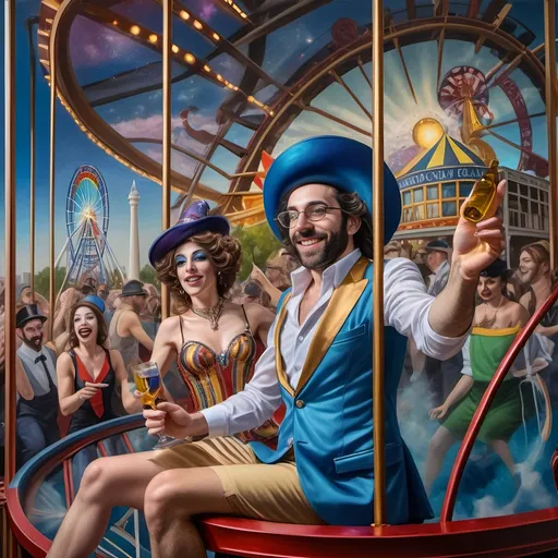 Prompt: (A Seven Wonders Art Glass Studio oil masterpiece) Art Deco style, vibrant color scheme, a lively group of drag queens in extravagant clothing, ascending a fantastical roller coaster in Liberty Park, joyful expressions, others on a colorful Ferris wheel, overlooking local attractions, honoring Nuit, dynamic composition, rich details, luxurious textures, atmospheric vibrant lighting, ultra-detailed, celebratory ambiance.