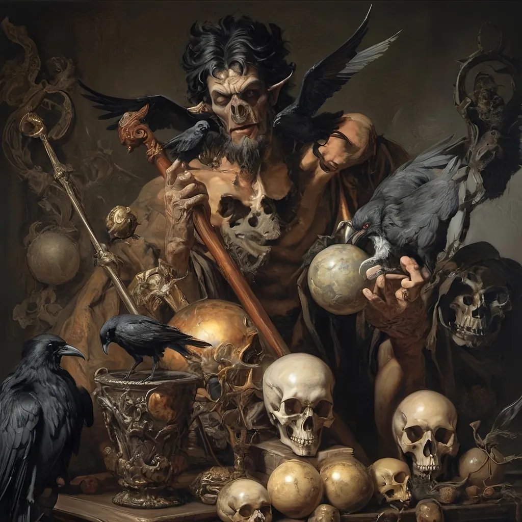 Prompt: (Renaissance still life) (man magician satyr), (dark color scheme), (elegant pose), intricately detailed horns, holding a cane topped with a (skull orb), a menacing (skull orc) at his side, a (crow) gracefully perched on his shoulder, rich textures, captivating shadows, high contrast highlights, evoking a sense of mystical allure, enhanced with (ultra-detailed) features, atmospheric depth and somber elegance.