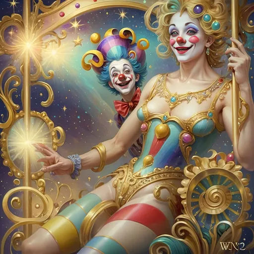 Prompt: Masterpiece painting of a magical clown genie, (surprised expression), riding a whimsical carousel adorned with vibrant colors and intricate details, soft shimmering lights illuminating the scene, (homage to Nuit), dreamy atmosphere, playful and enchanting mood, ultra-detailed, rich textures, surreal elements, background filled with shimmering stars and soft clouds, emphasizing wonder and imagination.