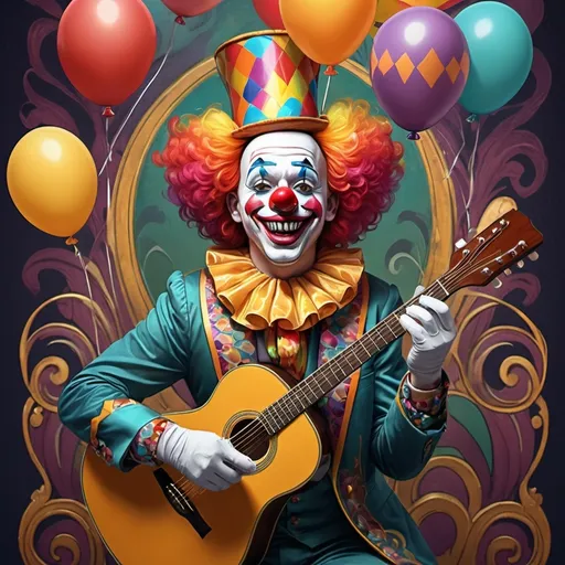 Prompt: (clown with a guitar and balloons on his head), (art nouveau style), (vibrant color scheme), highly detailed digital painting, ultrafine details, whimsical atmosphere, playful expression, extravagant clown costume, floating colorful balloons, intricate patterns in background, balance between flamboyant shapes and elegant design elements, bright warm and cool undertones, 4K quality, enchanting and joyful ambiance.