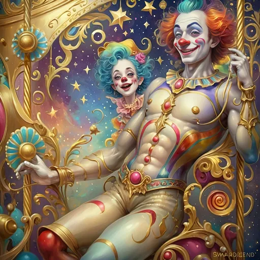 Prompt: Masterpiece painting of a magical clown genie, (surprised expression), riding a whimsical carousel adorned with vibrant colors and intricate details, soft shimmering lights illuminating the scene, (homage to Nuit), dreamy atmosphere, playful and enchanting mood, ultra-detailed, rich textures, surreal elements, background filled with shimmering stars and soft clouds, emphasizing wonder and imagination.