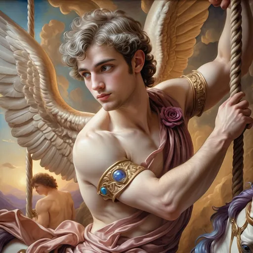 Prompt: (Eros and Carousel of Gods) oil painting, (7 Wonders Art Glass Studio), detailed portrait of God Eros, intricately designed horse on swing, ethereal wings, elegant rose on chest, breathtaking hues of (brilliant gold, azure, purples), inspired by Evelyn De Morgan, neoclassical style, highly detailed digital painting, whimsical atmosphere, captivating elegance, lifelike texture, enchanting background with divine elements, ultra-detailed, cinematic quality.