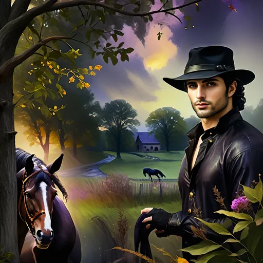 Prompt: (Honoring Nuit), highly detailed oil painting, thoroughbred horse, elegant posture, lush Kentucky farm, evening dusk setting, warm and vibrant hues, soft golden light reflecting off the horse’s coat, scenic rolling hills in the background, tranquil ambiance, serene atmosphere, ultra-detailed, masterpiece quality, evocative emotional tone, captivating and luminous sky blending soft pinks and deep purples, harmonious nature scene.