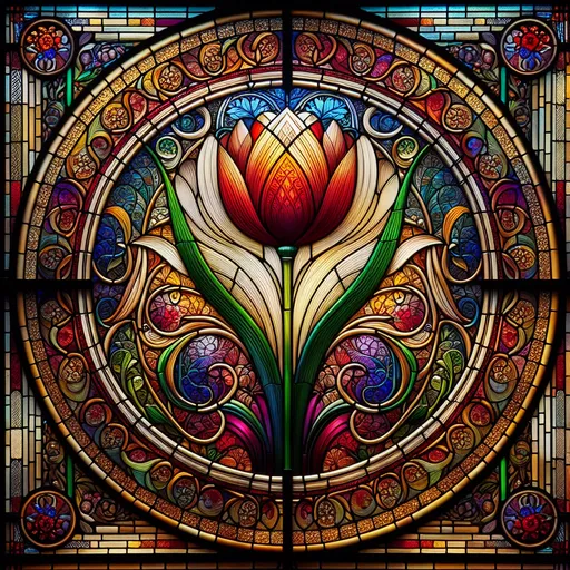 Prompt: A Seven Wonders Art Glass Studio stained glass window, (Art Deco tulip flower) beautifully at the center, with an elegant stem extending downwards, surrounded by intricate (Brother Hildebrandt) patterns, vibrant colors reflecting light, rich depth, warm glow illuminating the glass, artistically crafted details creating a mesmerizing atmosphere, (ultra-detailed) artwork presenting a harmonious blend of nature and art.