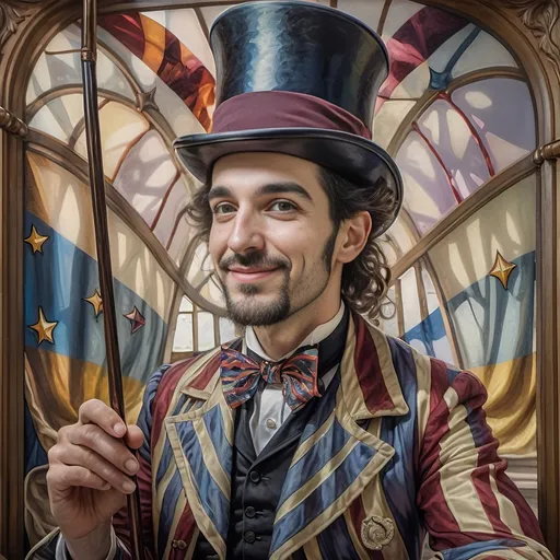 Prompt: A Seven Wonders Art Glass Studio psychedelic oil painting of a magician a man with a top hat and a cane in front of a stained glass window