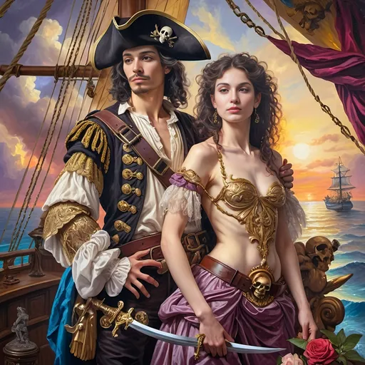 Prompt: (Renaissance oil painting "Honoring Nuit"), A highly detailed image of a pirate man and his lover dressed in ornate pirate costumes of the Conquistador period, dramatically posed together in front of a majestic ship adorned with a skull, lush vibrant colors, rich textures, mystical atmosphere, cinematic depth, featuring intricate backgrounds, a beautiful sunset sky, 4K, fantasy art influence, captures the essence of adventure and romance within this oil painted masterpiece.