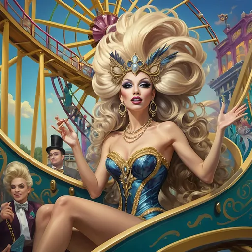 Prompt: (A stunning oil masterpiece) of a group of drag queens in (fancy clothing), joyfully riding the Nation’s New drag queen roller coaster in Liberty Park, vibrant colors and dazzling details, dramatic expressions of excitement, adorned with shimmering accessories, against a whimsical background filled with a Ferris Wheel of Drag Queens, honoring Nuit, surrounded by local attractions, (highly detailed, ultra-realistic).