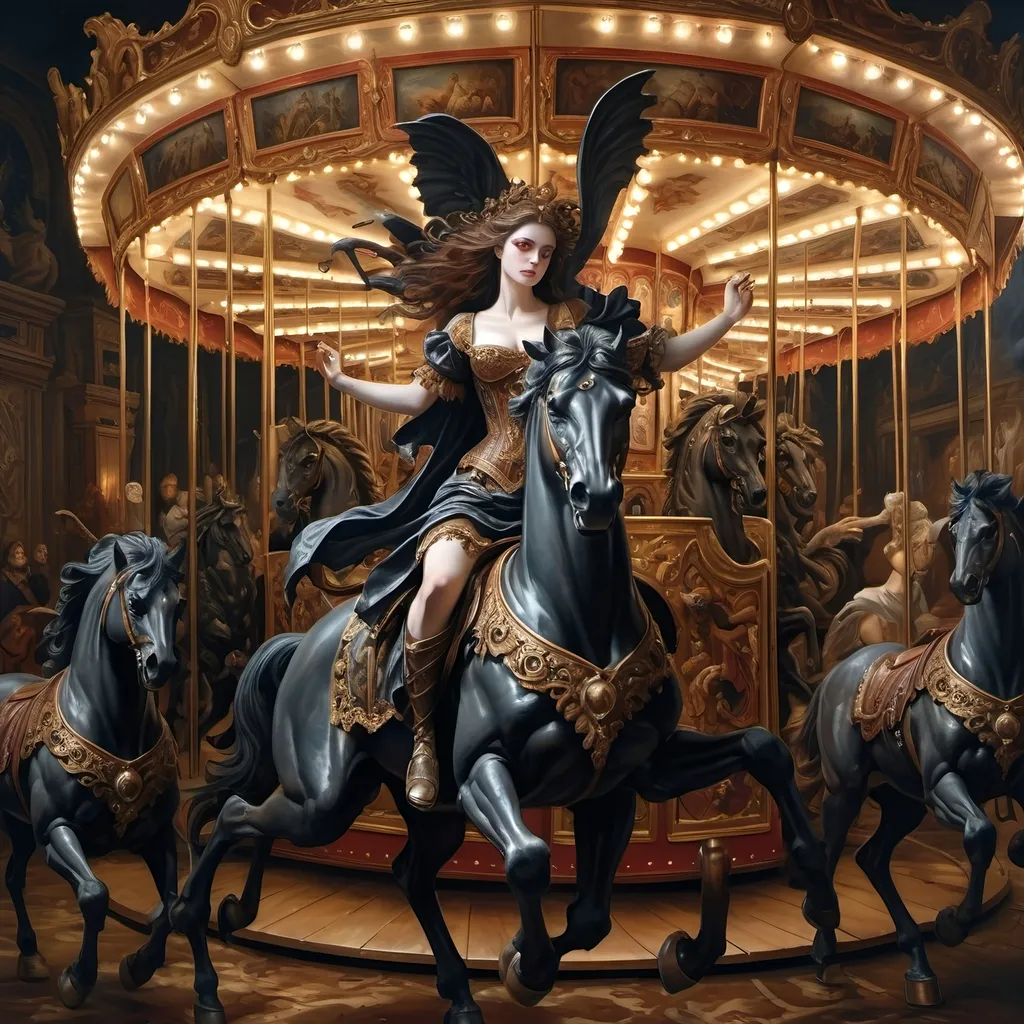 Prompt: (Renaissance style), dark color scheme, (Carousel of Humanity), Hades portrayed elegantly, richly detailed clothing, surrounded by ornate carvings, haunting atmosphere, mystical shadows, ethereal lighting, complex expressions reflecting emotion, intricate background of swirling figures and mythological creatures, dramatic contrast, oil painting quality, ultra-detailed, evocative imagery, capturing the essence of tragedy and beauty.