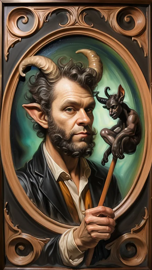 Prompt: A Seven Wonders Art Glass Studio a painting commissioned portrait of a satyr magician man coming to life from portrait, a character portrait honoring Nuit.