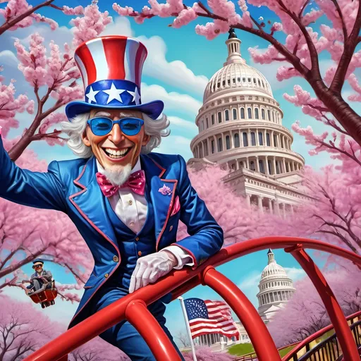 Prompt: Uncle Sam in a top hat and sunglasses in a roller coaster with cherry blossoms and Patriotism in the background and a capitol building in the background, David LaChapelle, psychedelic art, highly detailed digital painting, an ultrafine detailed painting