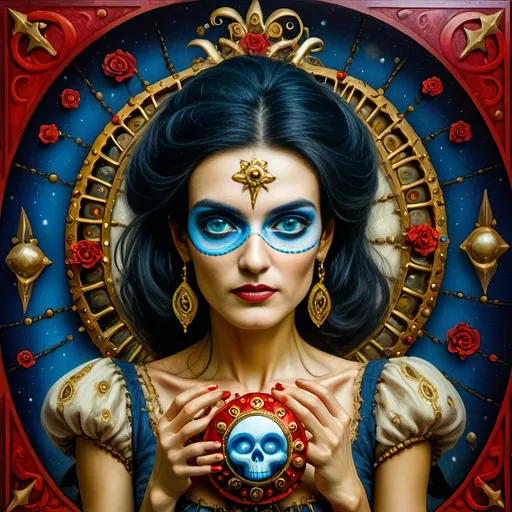 Prompt: (7 Wonders Art Glass Studio masterpiece), oil painting, (honoring Nuit), magical mushroom, (vibrant blue shell), (striking blue eye), Eye of Horus, rich textures, dreamy atmosphere, whimsical background, stars and cosmic elements, (ethereal lighting), enchanting details, high-quality, ultra-detailed composition, surreal and imaginative style.