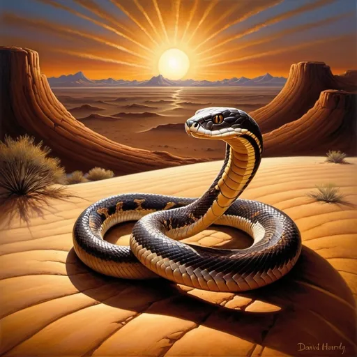 Prompt: (captivating snake painting), cobra in a vast desert landscape, golden sun illuminating the horizon, star twinkling in the twilight above, (evocative colors), rich earth tones contrasted with radiant sunbeams, fine art painting style, highly detailed, dynamic textures, captivating ambiance of solitude and majesty, (inspired by David A. Hardy).