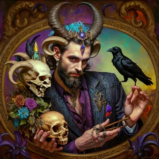 Prompt: a painting of a man magician satyr with horns and a skull in his hand and a crow on his shoulder, with a cane with a scull as orb