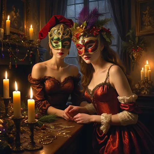 Prompt: (Marci Gras Christmas), (masks), (Ernest William Christmas), dramatic lighting, flickering candles casting a warm glow, rich textures reminiscent of the Renaissance, deep, moody shadows, ultra-detailed, high-quality brushwork, evocative use of chiaroscuro, intricate details that capture festive emotions, masterful mixing of vibrant and muted tones, visual narrative celebrating the holiday spirit in exquisite fine art style.