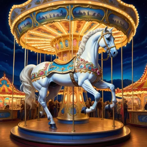 Prompt: (dynamic carousel scene), (white horse) elegantly perched atop, adorned with vibrant lights illuminating its sides, (David LaChapelle style), (pop surrealism), mesmerizing hues of deep blues and bright yellows enveloping the atmosphere, intricately designed structures surrounding the carousel, (ultrafine details), (high-quality digital painting), enchanting and whimsical ambiance, captivating details, soft glowing lights in a dreamlike setting.