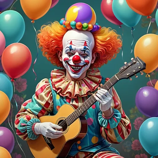 Prompt: (clown with a guitar, balloons on head), (art nouveau style), (vibrant color scheme), whimsical atmosphere, intricate floral patterns, airy and cheerful vibe, (highly detailed digital painting), ultrafine details, playful expressions, dynamic pose, elaborately designed clown costume, festive background elements, showcasing vivid colors and textures, (4K), captivating composition.